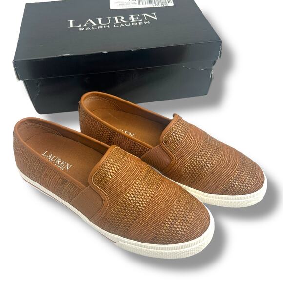 NEW Ralph Lauren Tan Faux Strap Flats Size 6.5 Slip on Loafers Classic Coastal - Picture 1 of 12